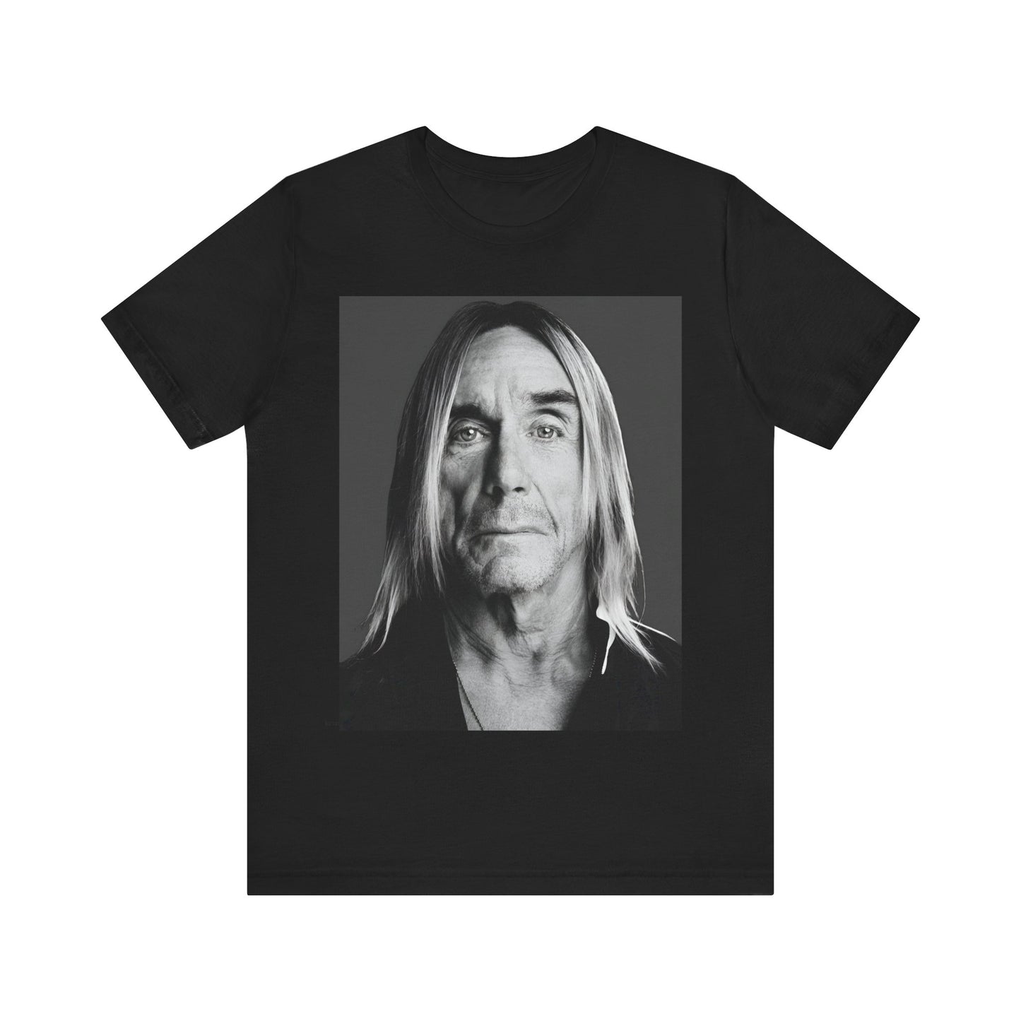 A black graphic t-shirt featuring a black and white portrait photo of Iggy Pop.
