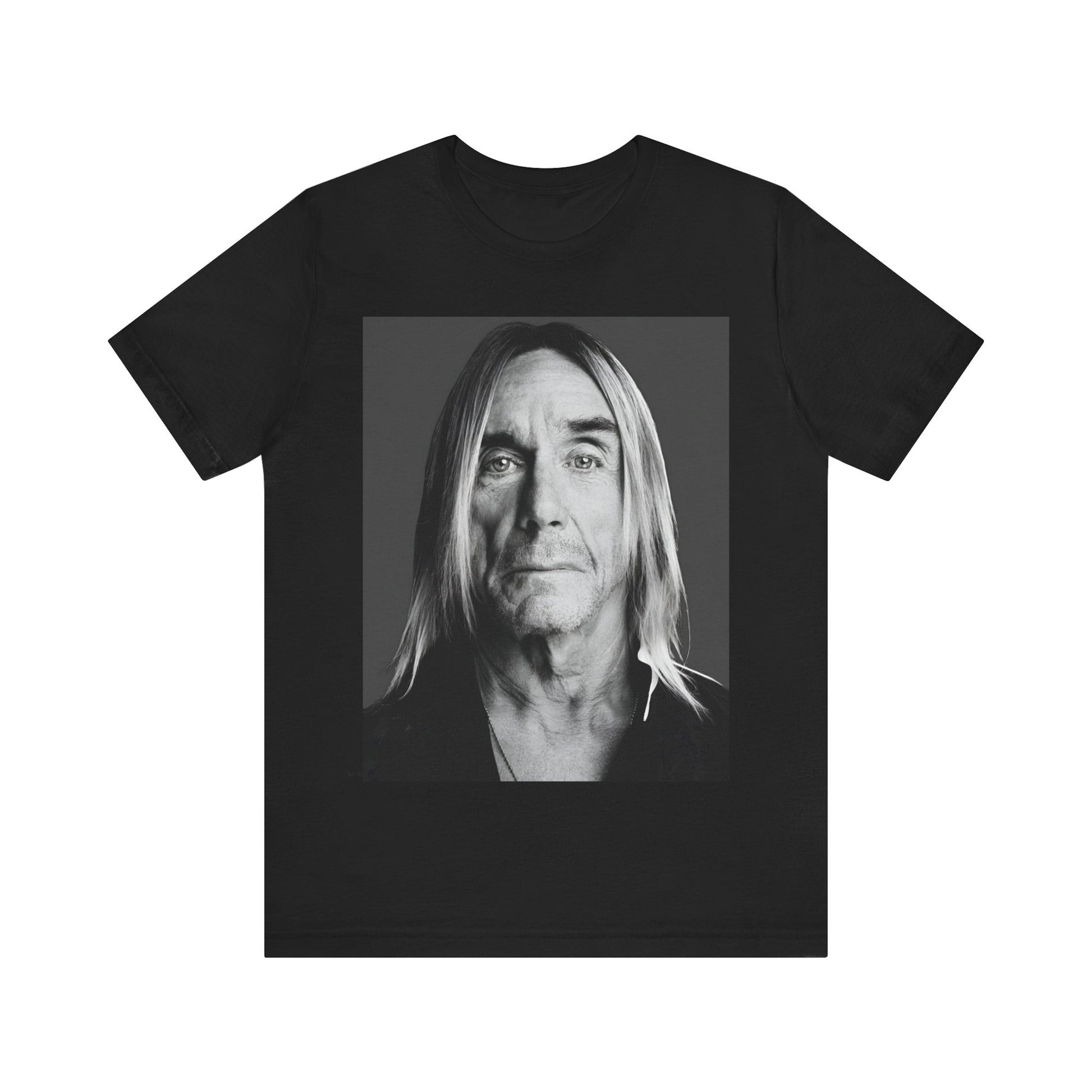A black graphic t-shirt featuring a black and white portrait photo of Iggy Pop.