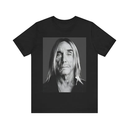A black graphic t-shirt featuring a black and white portrait photo of Iggy Pop.