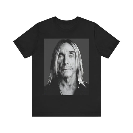 A black graphic t-shirt featuring a black and white portrait photo of Iggy Pop.