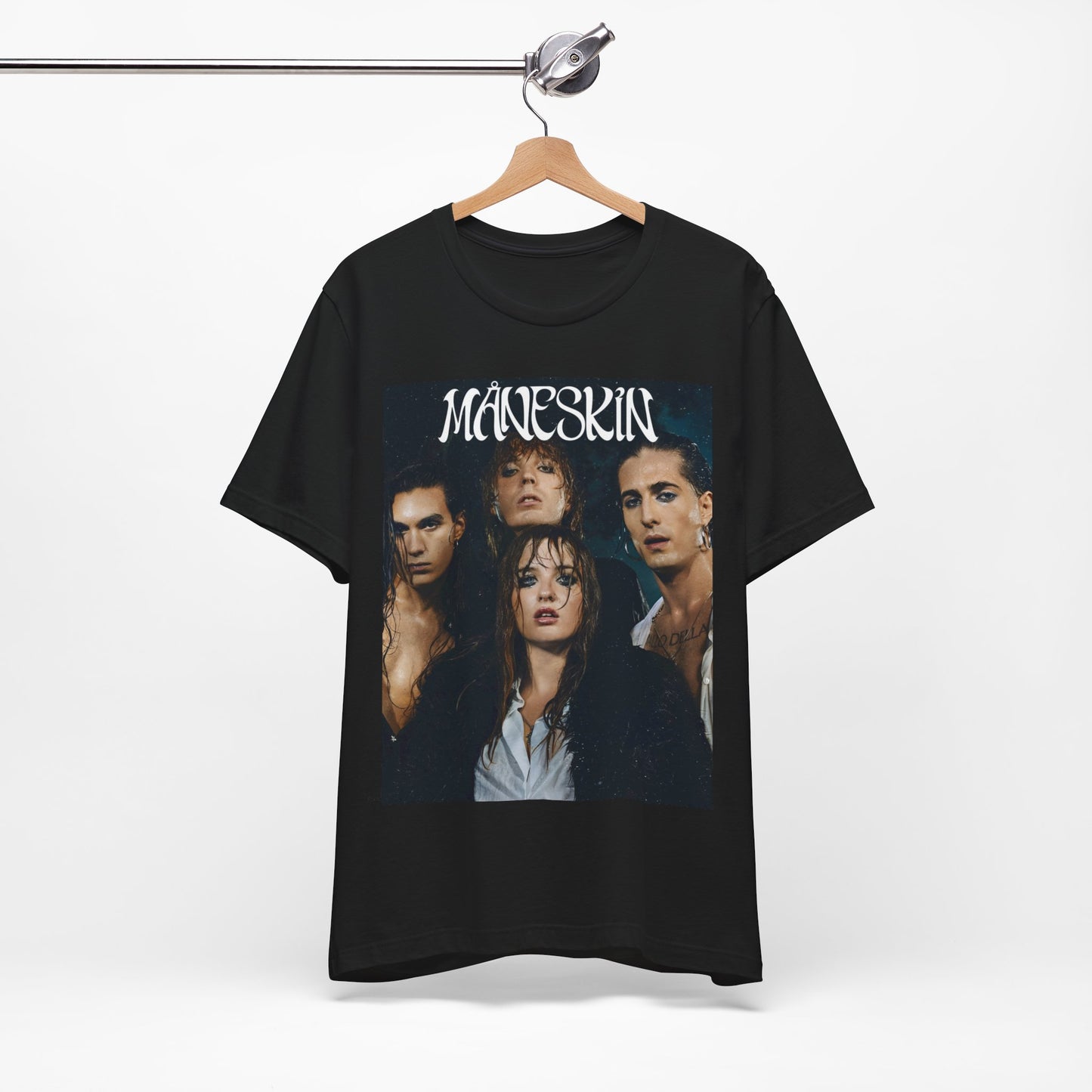 A black graphic t-shirt featuring a graphic of Maneskin with cool Italian rock vibes.