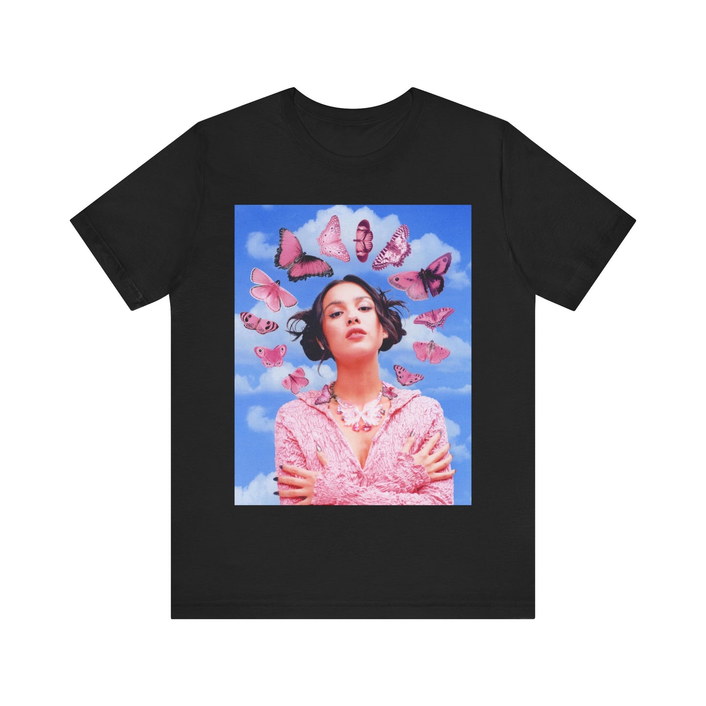 A black graphic t-shirt featuring a graphic related to Olivia Rodrigo's 'Drivers License' song or era.