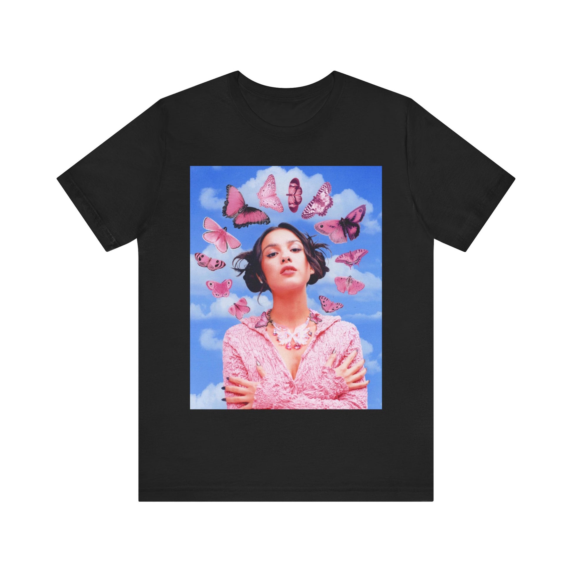 A black graphic t-shirt featuring a graphic related to Olivia Rodrigo's 'Drivers License' song or era.