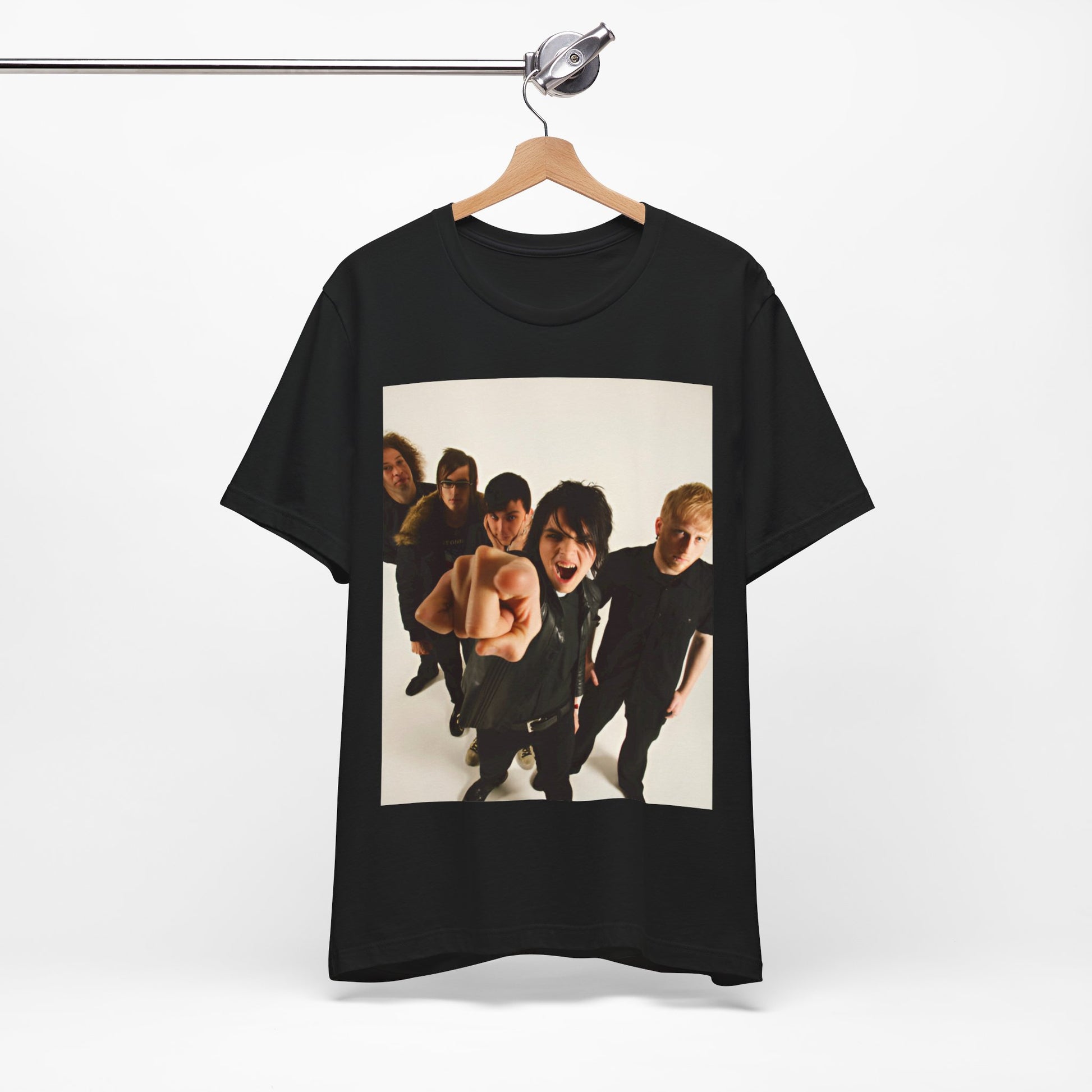 A black graphic t-shirt featuring a retro rock graphic of My Chemical Romance.