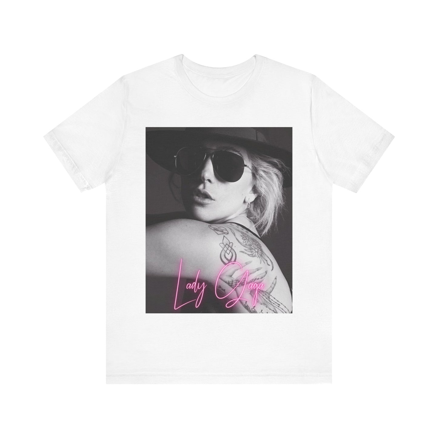 A black graphic t-shirt featuring a fierce graphic related to Lady Gaga's 'Bad Romance' song or era.