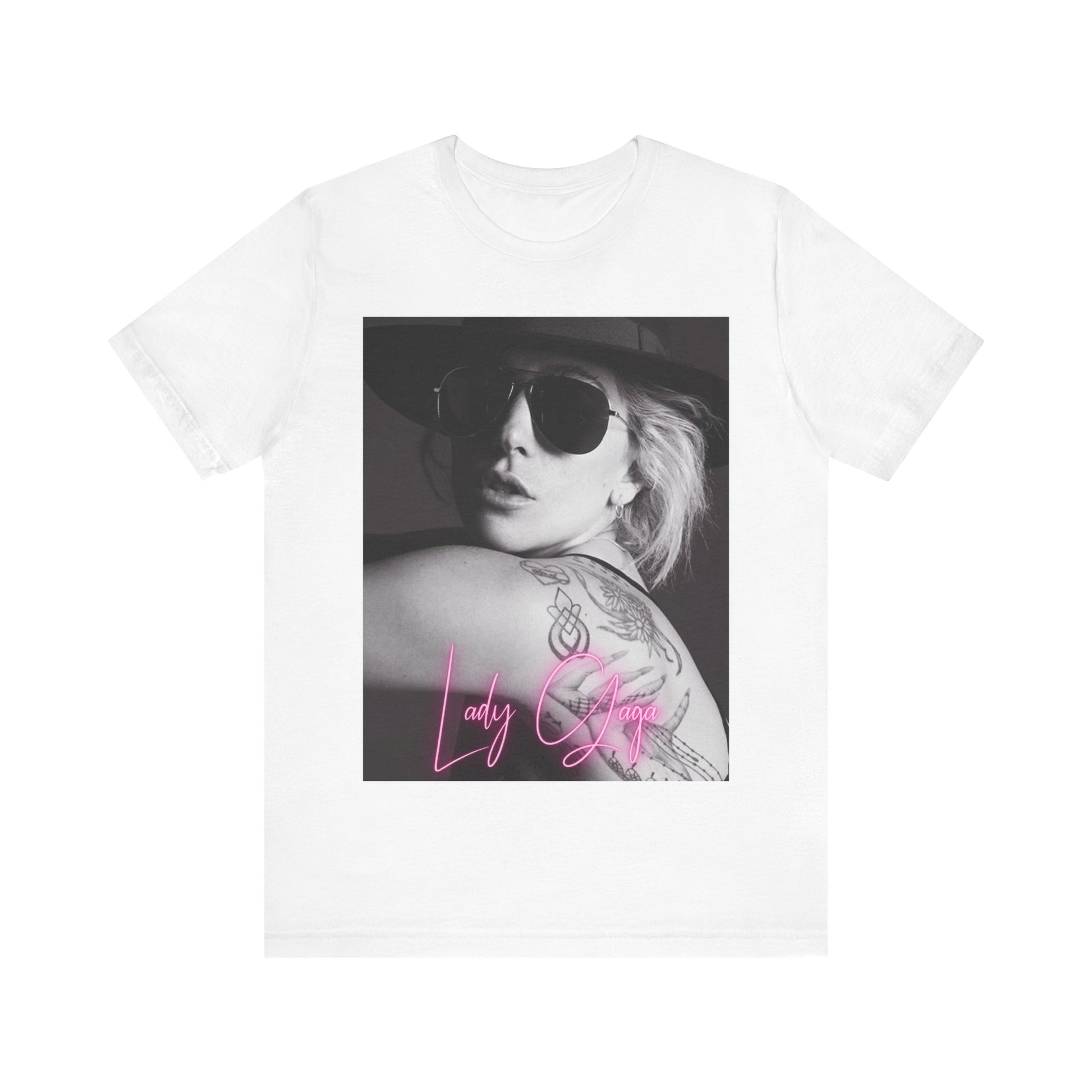 A black graphic t-shirt featuring a fierce graphic related to Lady Gaga's 'Bad Romance' song or era.