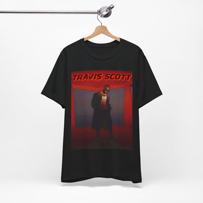 A black graphic t-shirt featuring a graphic of Travis Scott with a dreamy rap soundscape aesthetic.