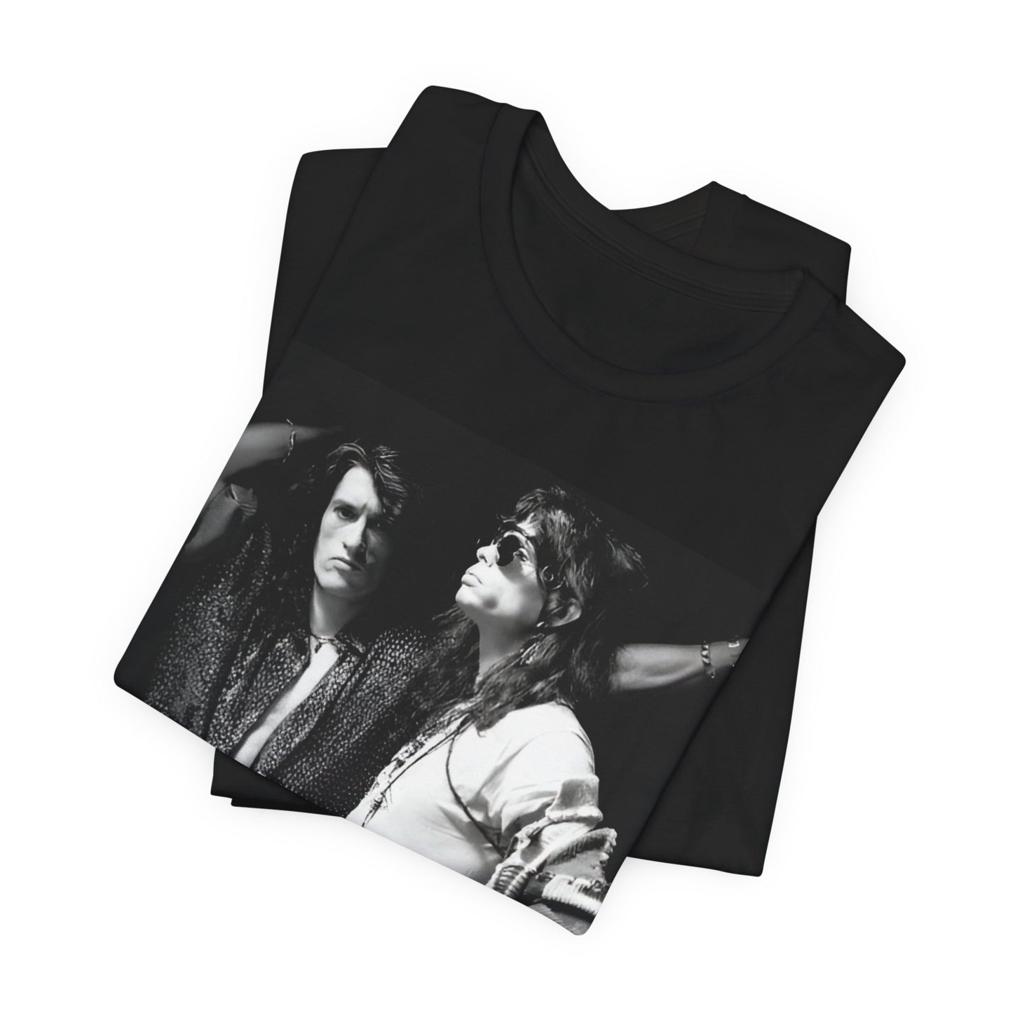 A black graphic t-shirt featuring a dynamic photo or illustration of Aerosmith's Steven Tyler and Joe Perry performing together on stage, highlighting their synergy.