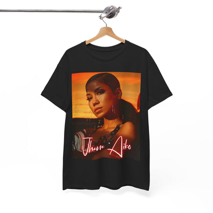 A black graphic t-shirt featuring a vintage chill R&B graphic of Jhene Aiko.