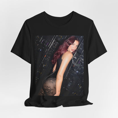 A black graphic t-shirt featuring a graphic related to Dua Lipa's "Houdini" new era.