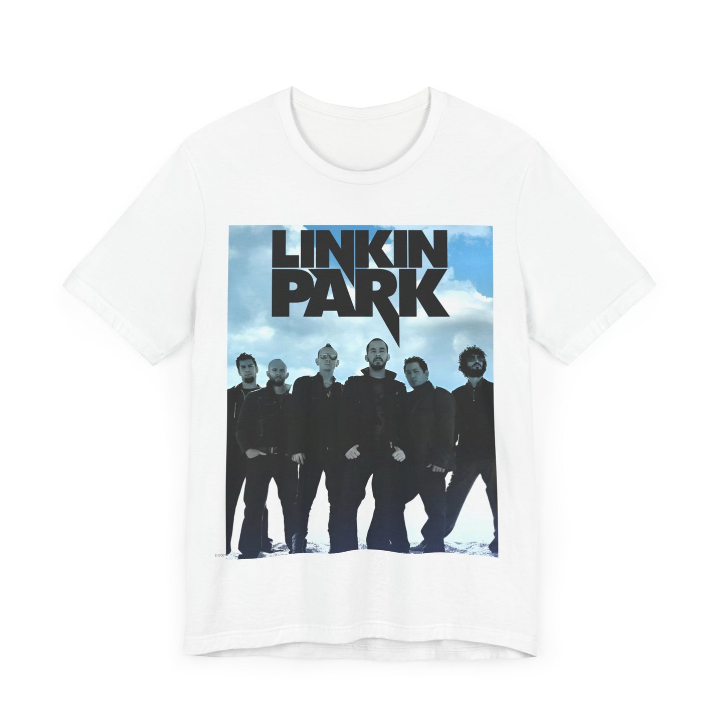 A black graphic t-shirt featuring a vintage graphic related to Linkin Park's 'In the End' song or era.