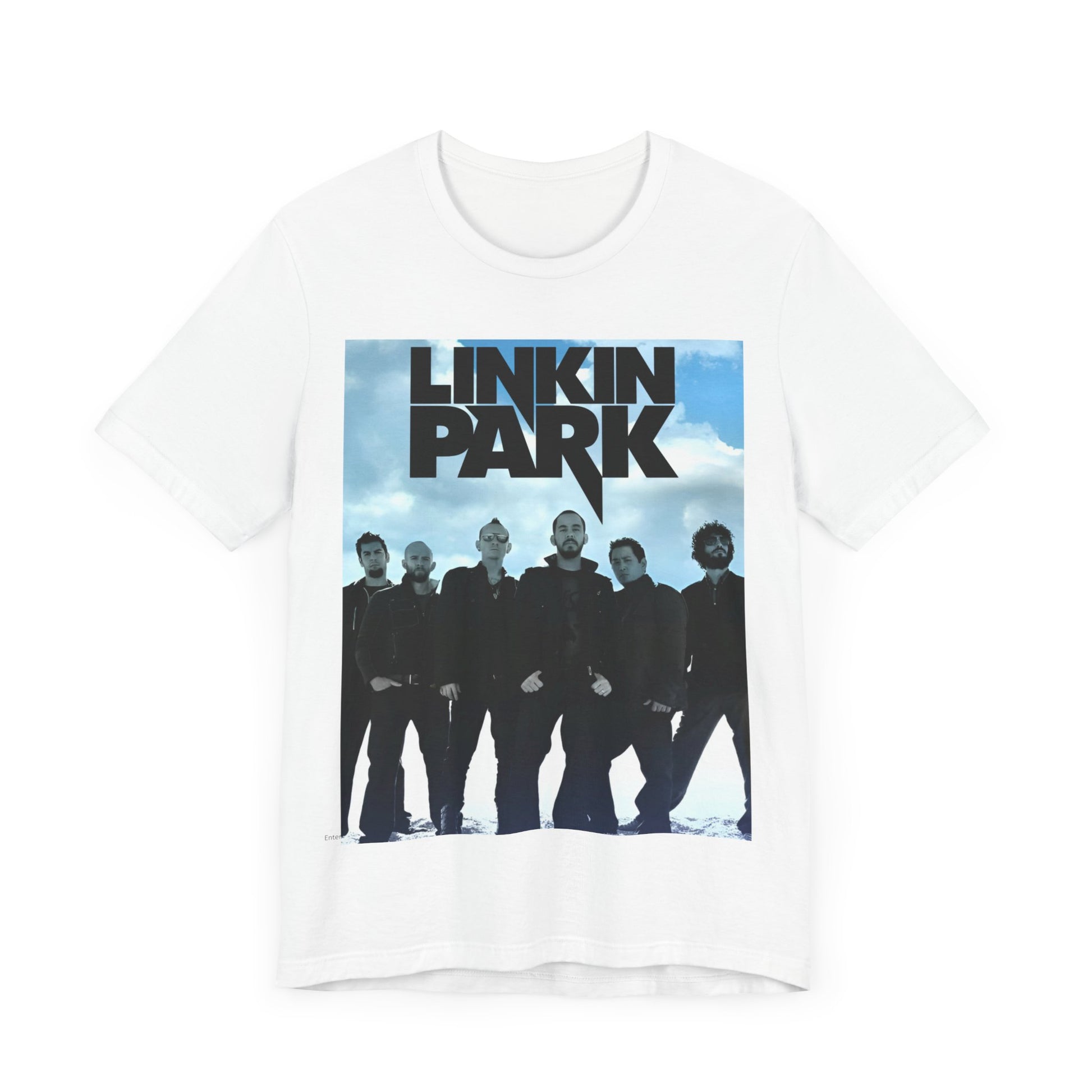 A black graphic t-shirt featuring a vintage graphic related to Linkin Park's 'In the End' song or era.