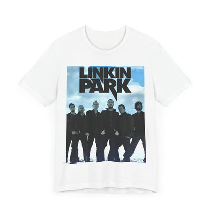 A black graphic t-shirt featuring a vintage graphic related to Linkin Park's 'In the End' song or era.