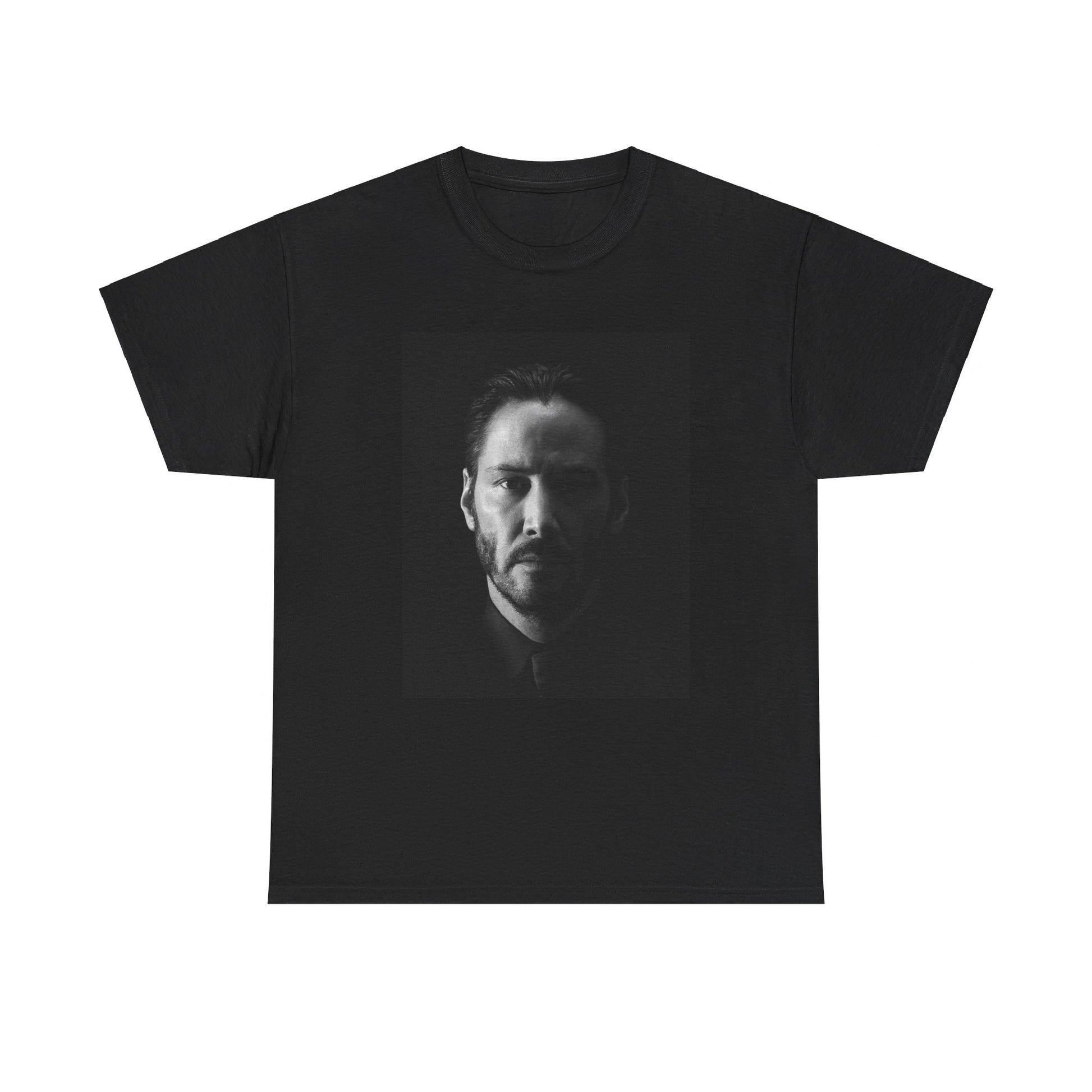 A black graphic t-shirt featuring a graphic of Keanu Reeves as John Wick.