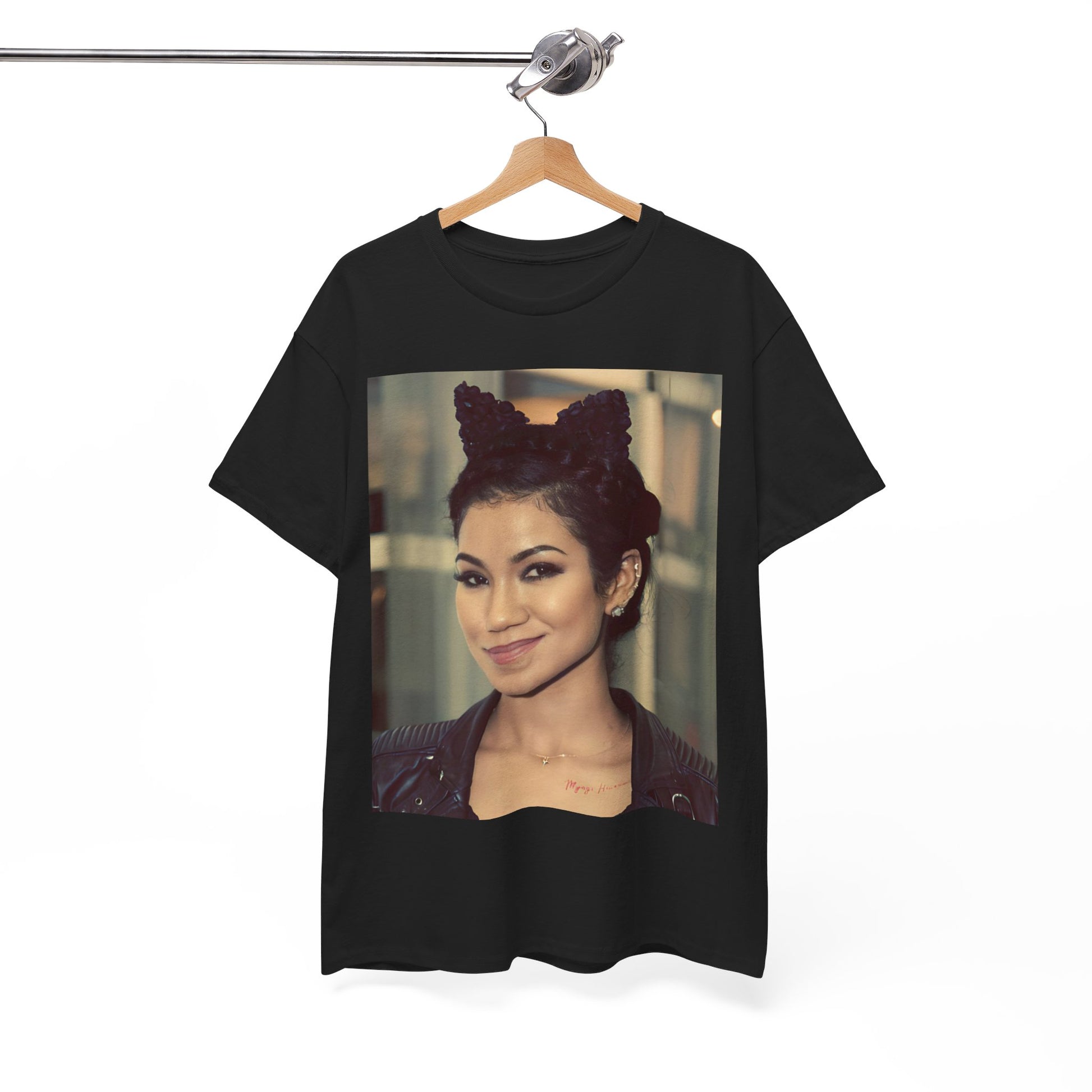 A black graphic t-shirt featuring a graphic of Jhene Aiko with a cool Los Angeles soul hip hop aesthetic.