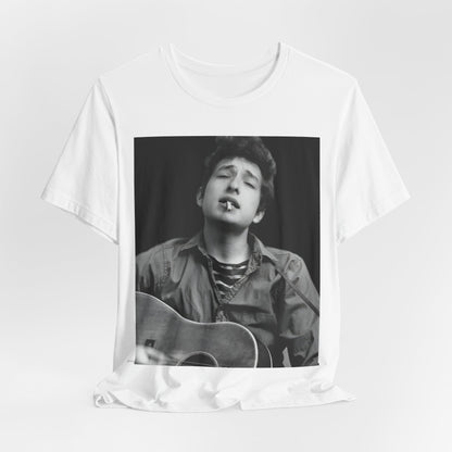 A black graphic t-shirt featuring a photo of Bob Dylan with his acoustic guitar.