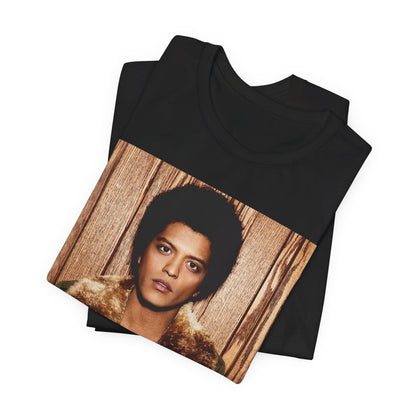 A black graphic t-shirt featuring a graphic related to Bruno Mars' "Just the Way You Are" song or era.