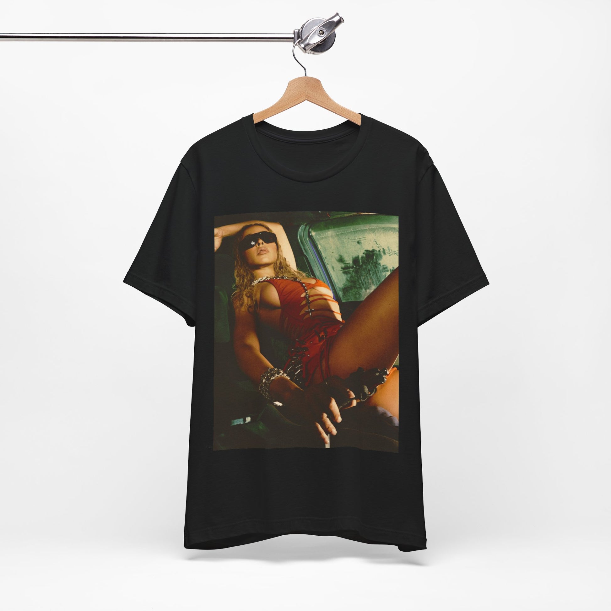 A black graphic t-shirt featuring a graphic of Tinashe as a hot R&B superstar.