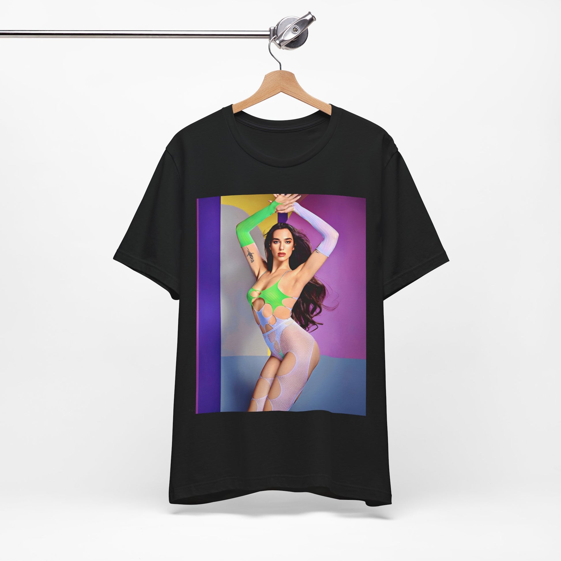 A black graphic t-shirt featuring a casual graphic related to Dua Lipa's "Future Nostalgia" era.