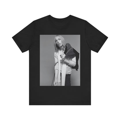 A black graphic t-shirt featuring a modern rock essential graphic of Tom Petty.