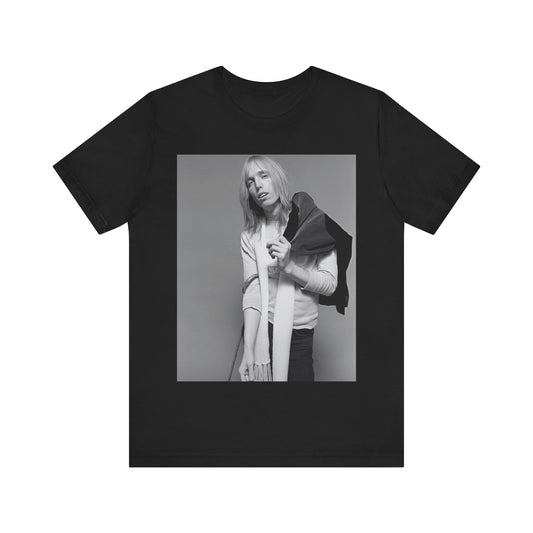 A black graphic t-shirt featuring a modern rock essential graphic of Tom Petty.