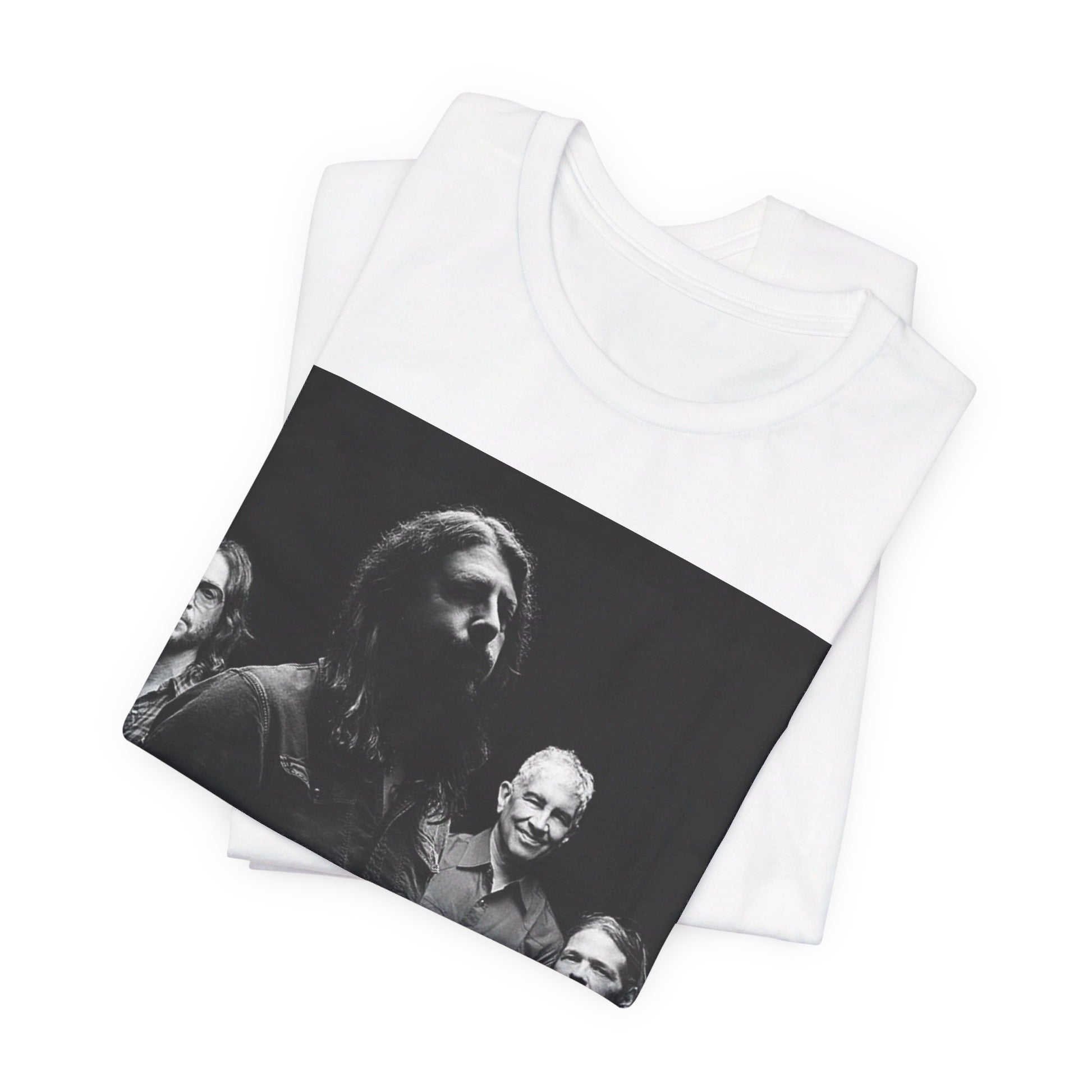 A black graphic t-shirt featuring a black and white, monochrome graphic or photo of Foo Fighters.