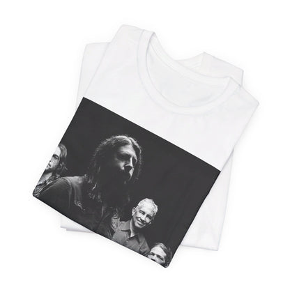 A black graphic t-shirt featuring a black and white, monochrome graphic or photo of Foo Fighters.