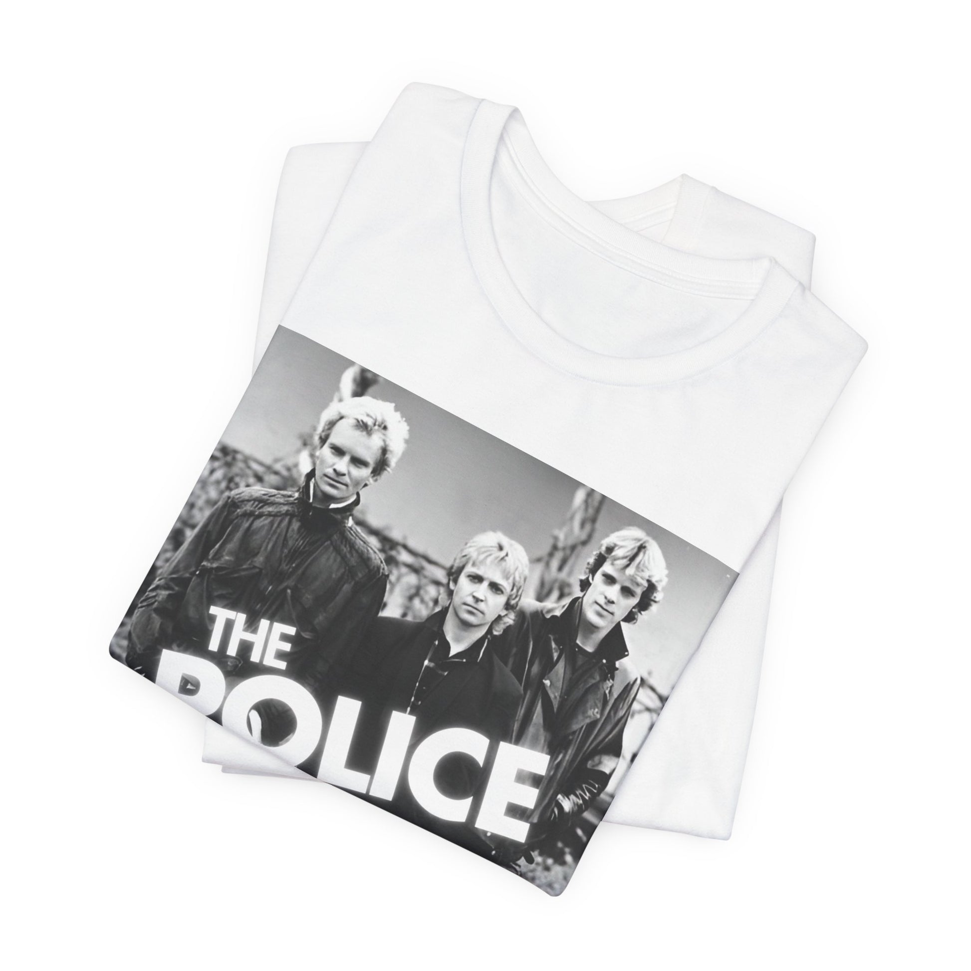 A black graphic t-shirt featuring an 80s pop rock aesthetic black and white graphic of The Police.
