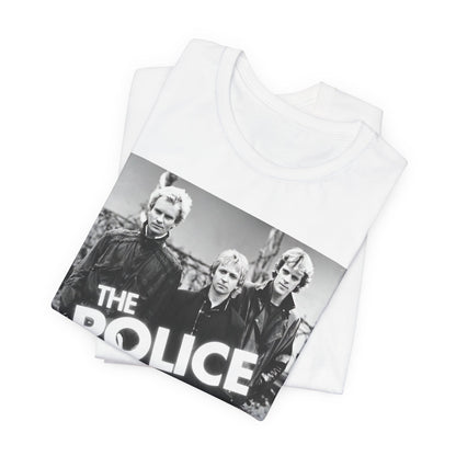 A black graphic t-shirt featuring an 80s pop rock aesthetic black and white graphic of The Police.