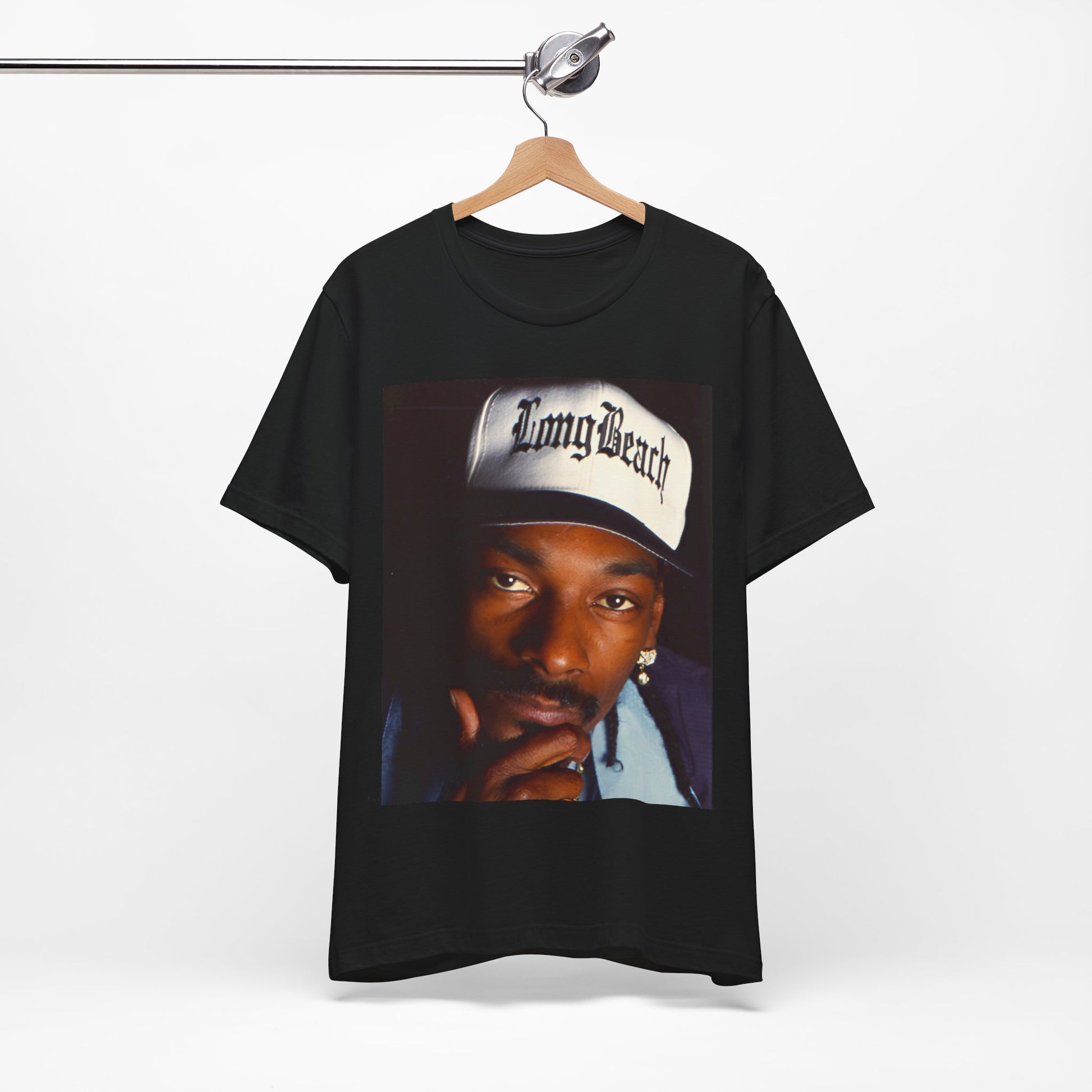 A black graphic t-shirt featuring a graphic of Snoop Dogg with Long Beach vibes.
