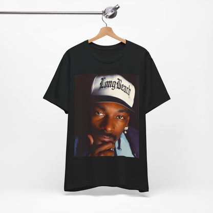 A black graphic t-shirt featuring a graphic of Snoop Dogg with Long Beach vibes.