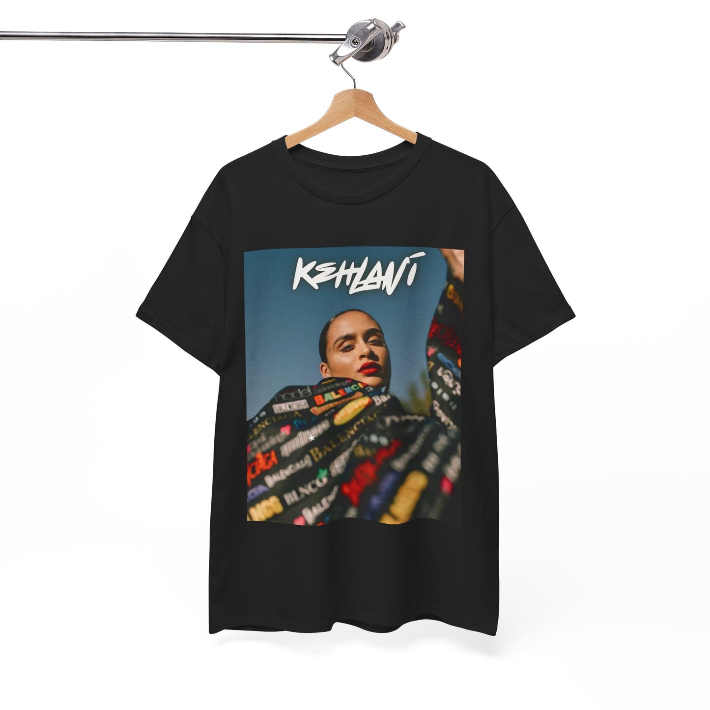 A black graphic t-shirt featuring a retro aesthetic graphic of Kehlani.