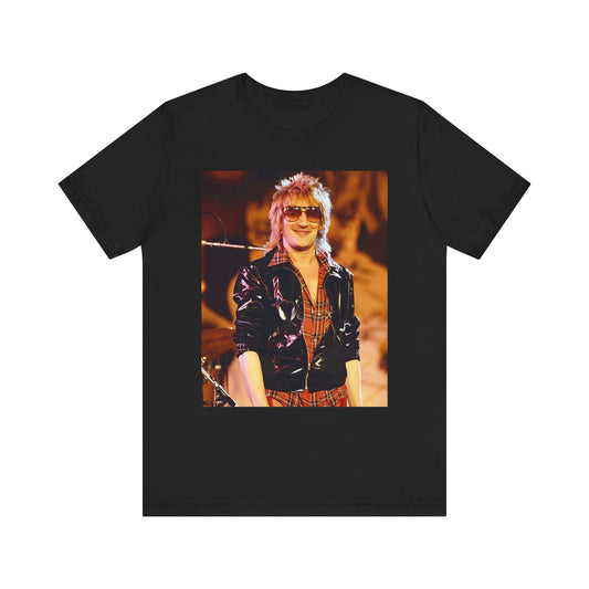 A black graphic t-shirt featuring a graphic related to Rod Stewart's 'Gasoline Alley' album era.