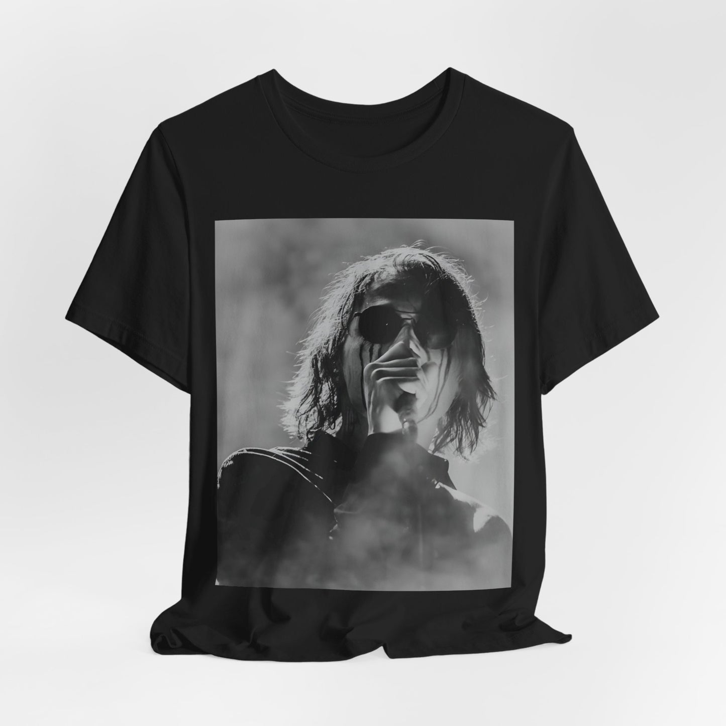A black graphic t-shirt featuring a black and white, monochrome graphic or photo of My Chemical Romance.