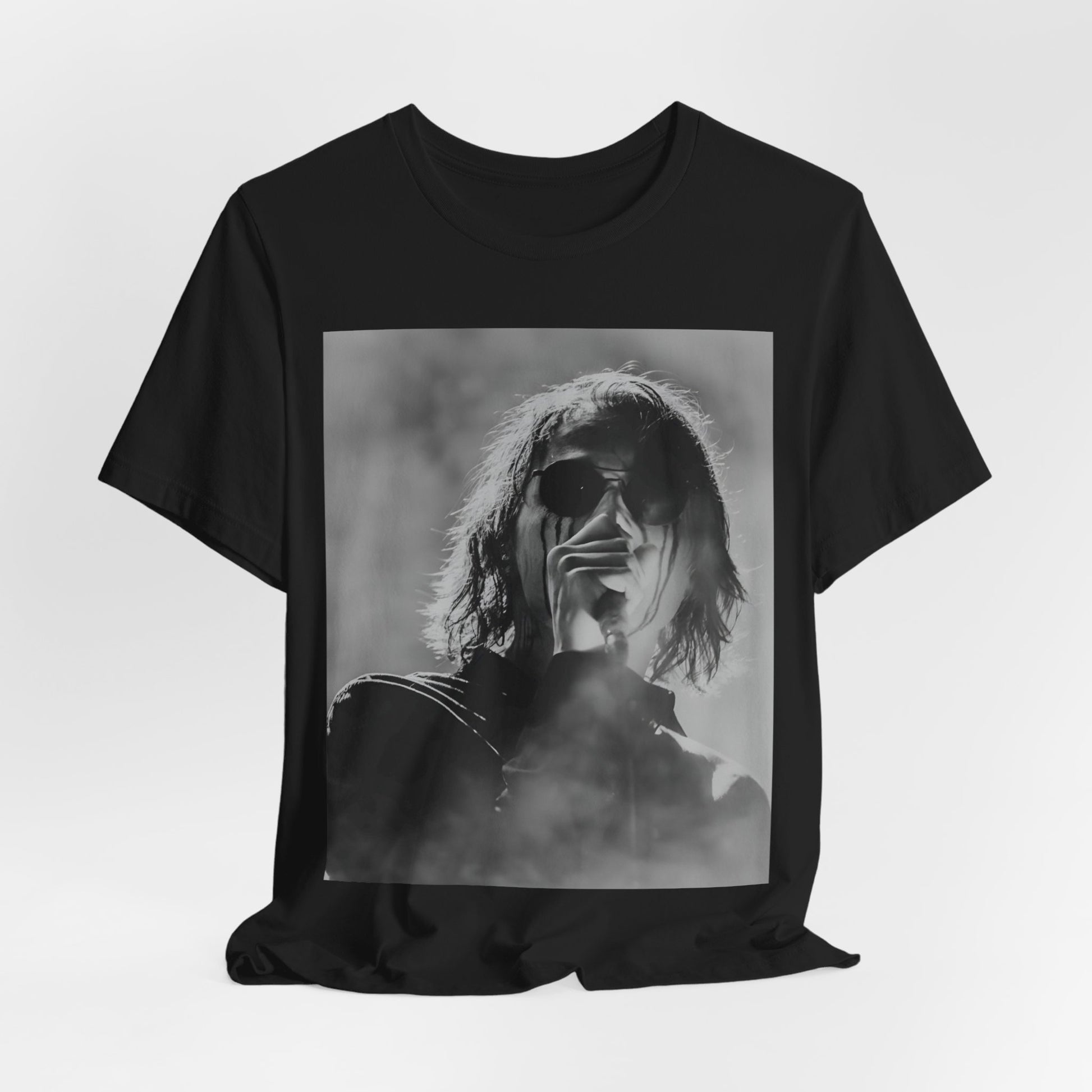 A black graphic t-shirt featuring a black and white, monochrome graphic or photo of My Chemical Romance.