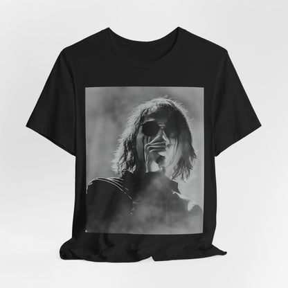 A black graphic t-shirt featuring a black and white, monochrome graphic or photo of My Chemical Romance.