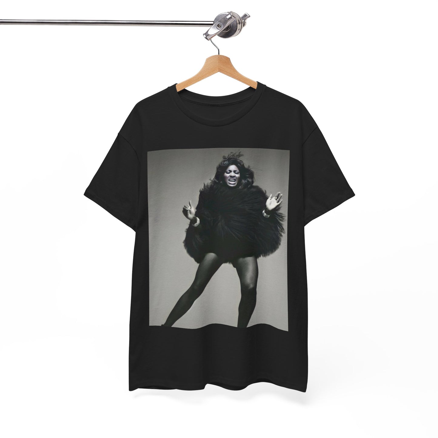 A black graphic t-shirt featuring a black and white portrait photo of Tina Turner.