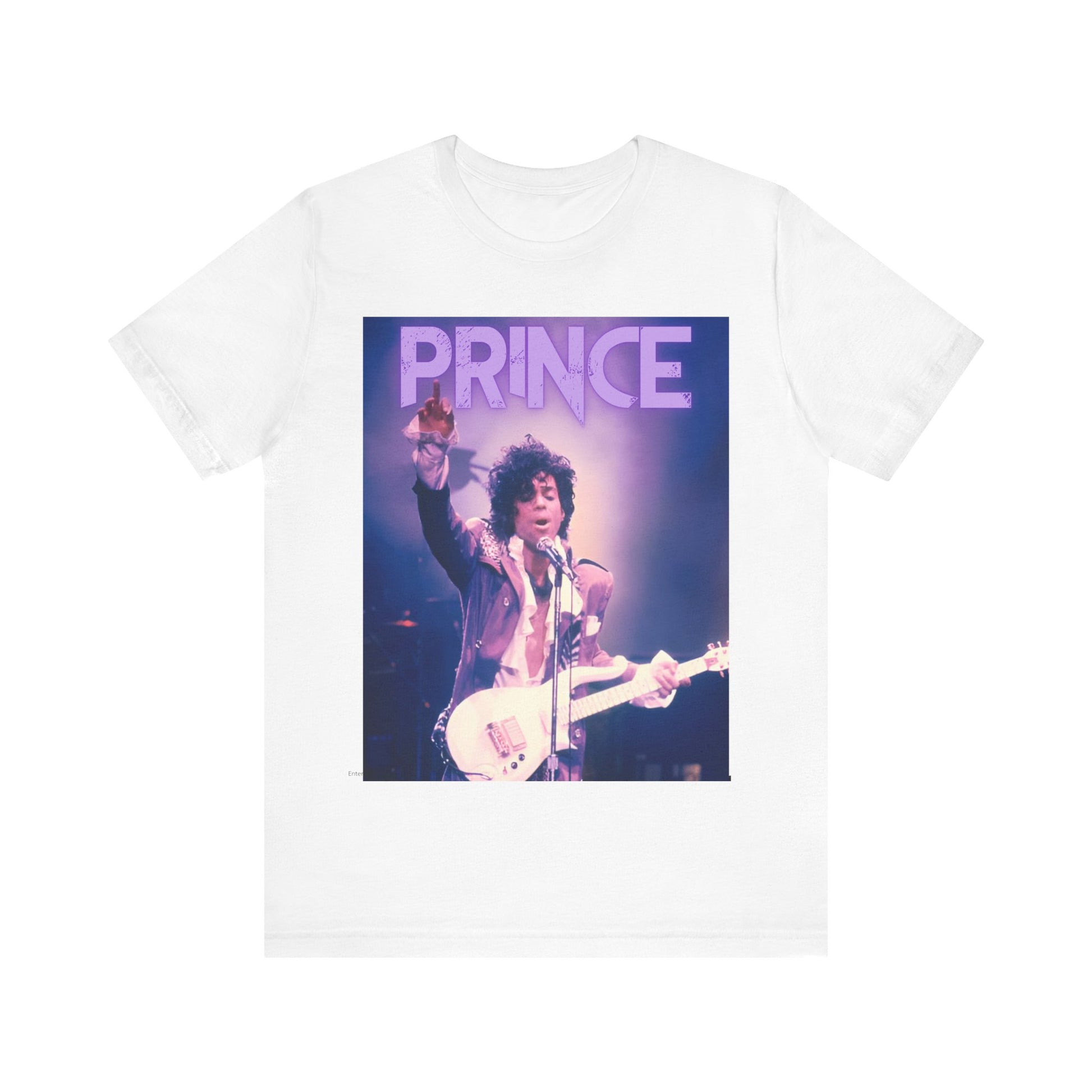 A black graphic t-shirt featuring a retro graphic related to Prince's 'Purple Rain' album era.
