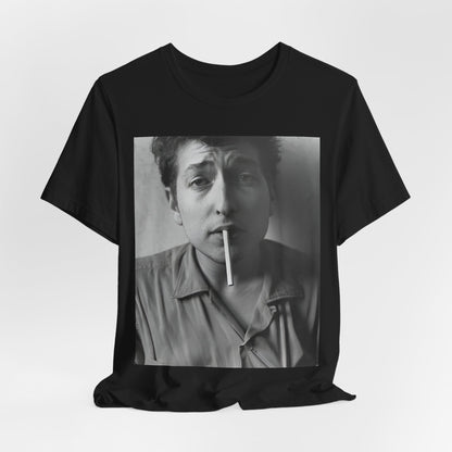 A black graphic t-shirt featuring a graphic of Bob Dylan from the 60s, depicted as a renegade folk icon.