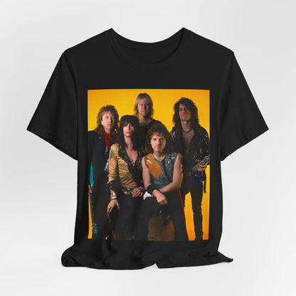 A black graphic t-shirt featuring a band photo of Aerosmith from the 1980s, showing the members in their iconic styles from that decade.