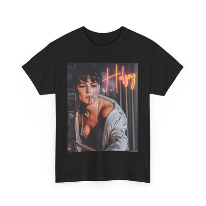 A black graphic t-shirt featuring a vintage graphic related to Halsey's 'Manic' album era.
