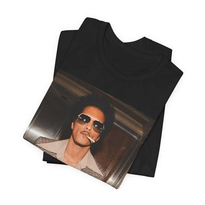 A black graphic t-shirt featuring a retro photo of Bruno Mars with a funk-inspired aesthetic.