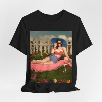 A black graphic t-shirt featuring a graphic related to Katy Perry's "California Gurls" song, with beach vibes.