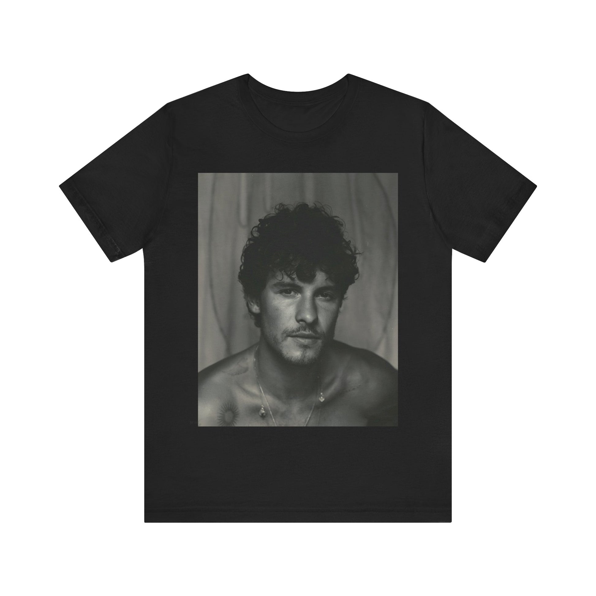 A black graphic t-shirt featuring a fearless portrait graphic of Shawn Mendes.