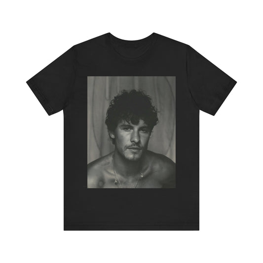 A black graphic t-shirt featuring a fearless portrait graphic of Shawn Mendes.