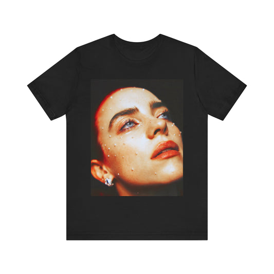 A collage-style graphic t-shirt representing Billie Eilish as a multifaceted icon for Gen-Z.