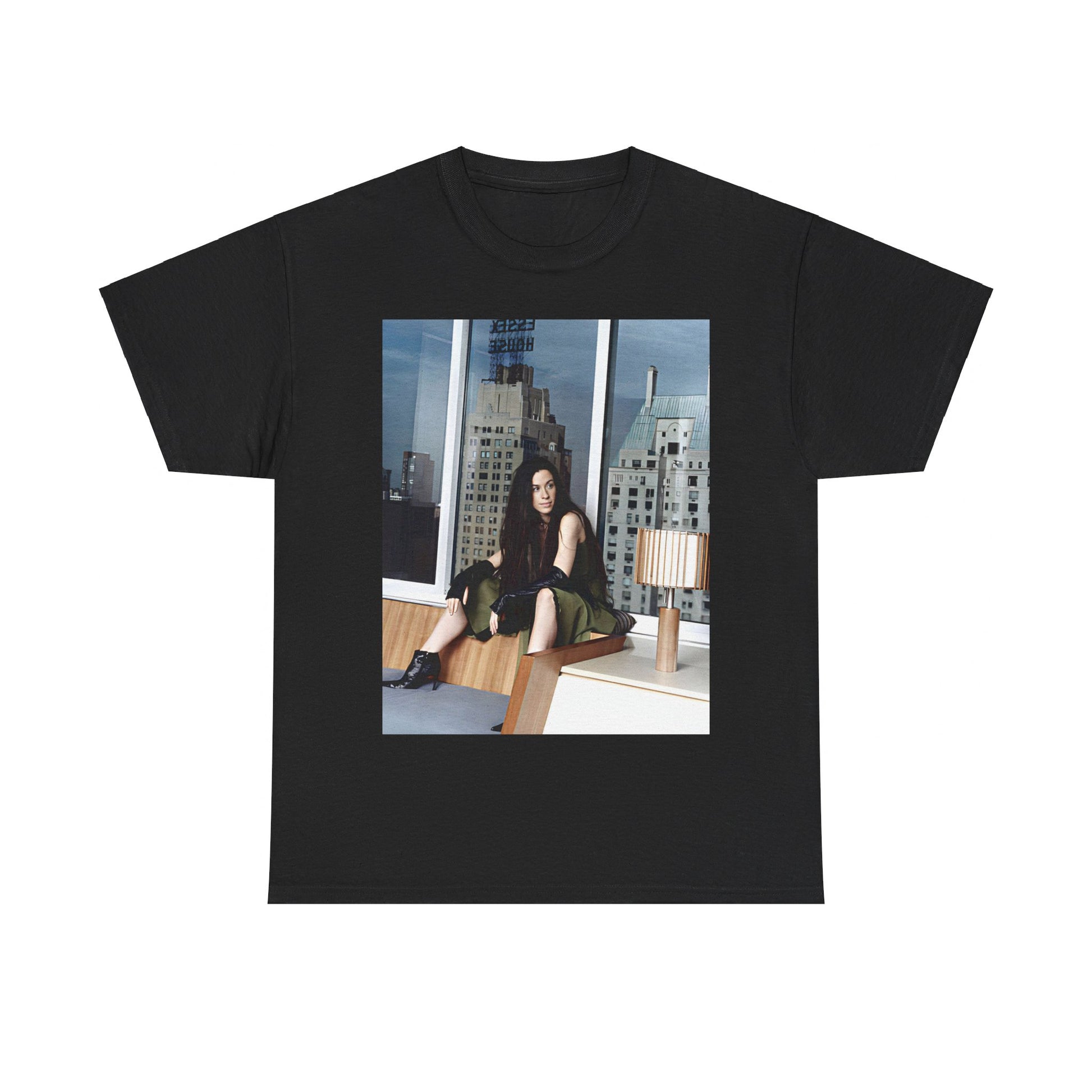 A black graphic t-shirt featuring a photo portrait of Alanis Morissette.
