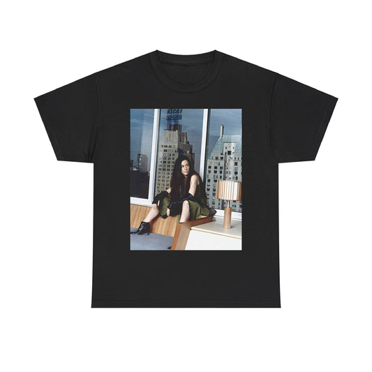 A black graphic t-shirt featuring a photo portrait of Alanis Morissette.
