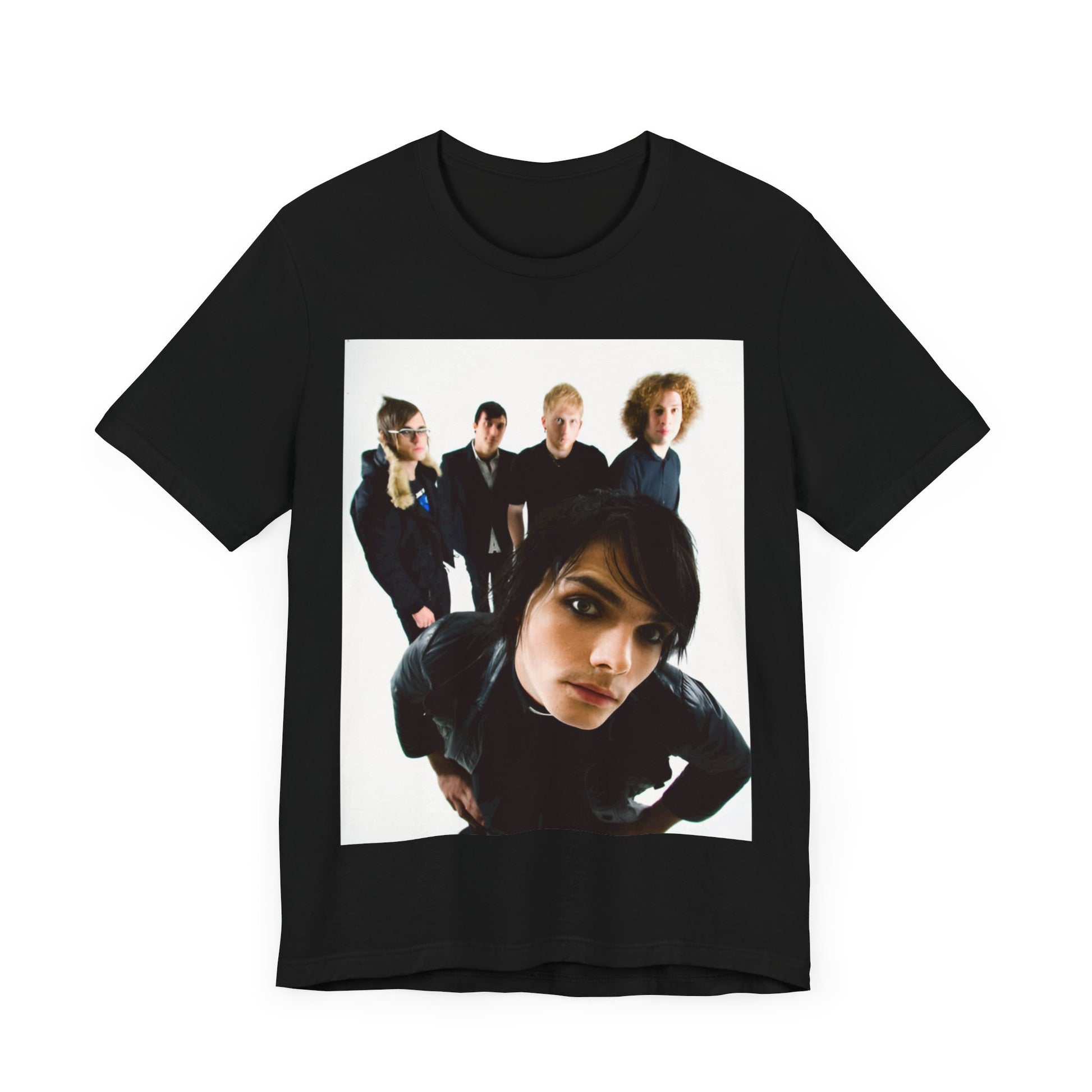 A black graphic t-shirt featuring a vintage emo revival graphic for My Chemical Romance.