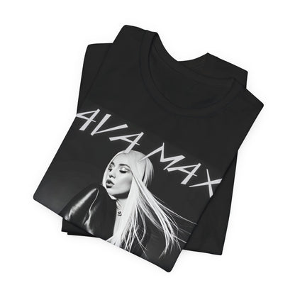 A black graphic t-shirt featuring a black and white portrait photo of Ava Max.